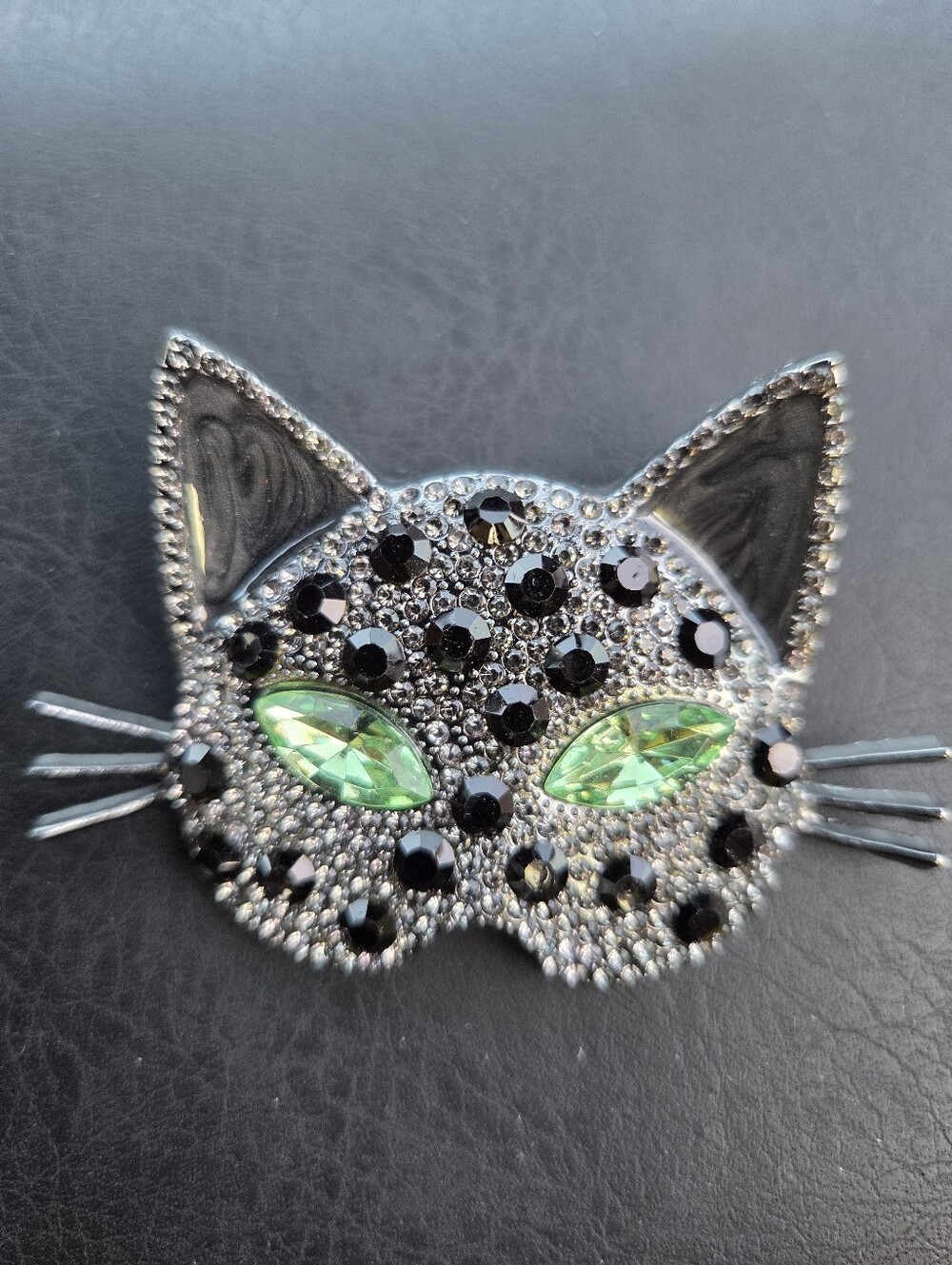 Crystal Cat Brooch Pin in Black and Green